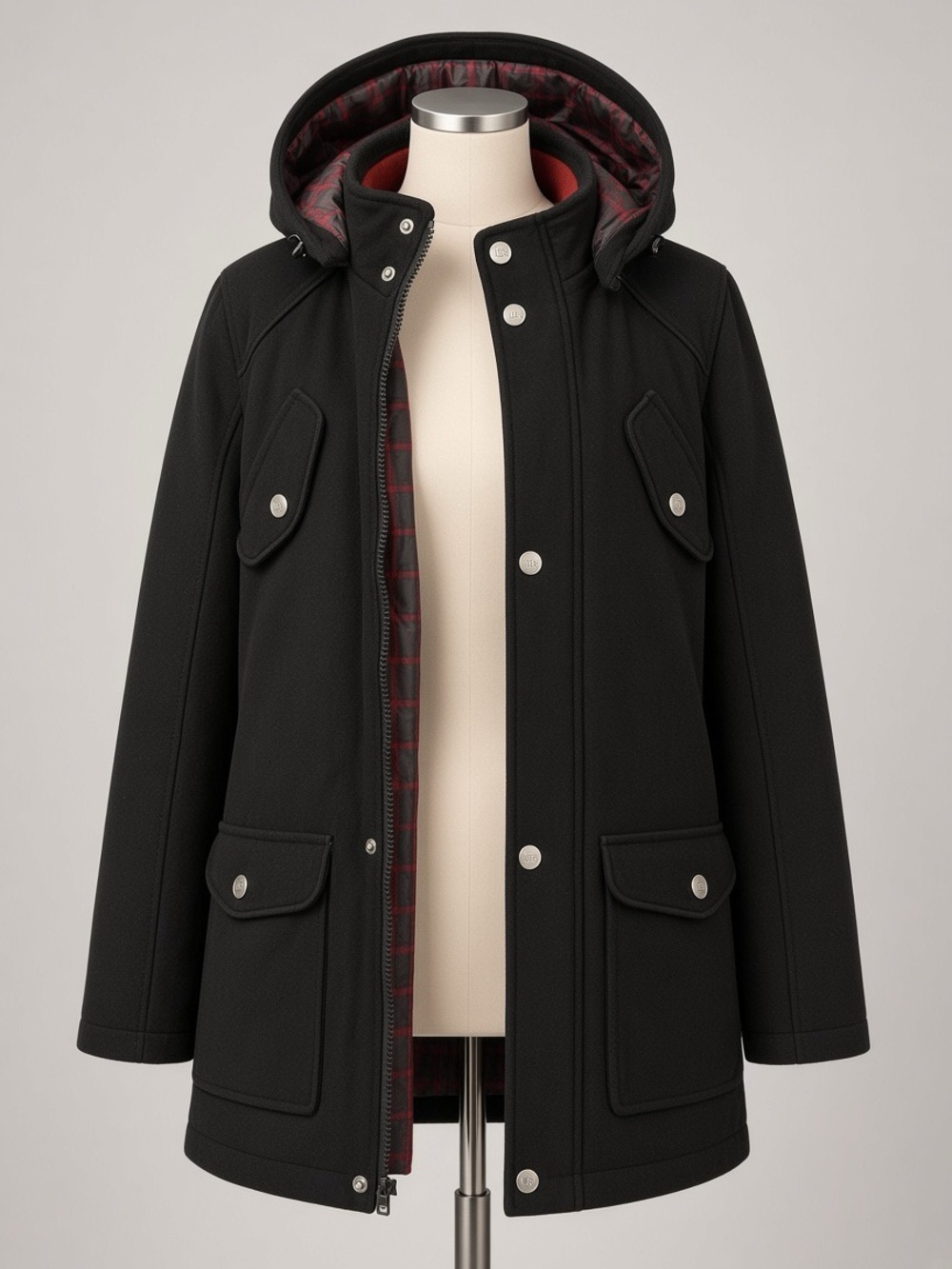 Urban Republic Black Hooded Trench Coat with Red Plaid Lining